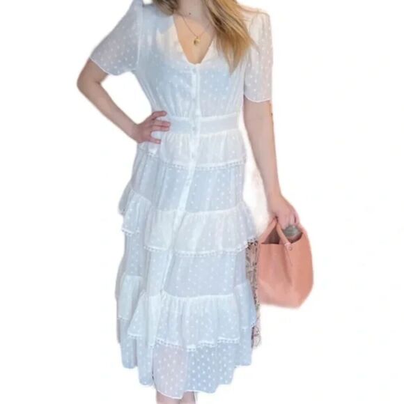 Free the Roses White Ruffle Lace Midi Dress – Anthropologie Size L - Picture 14 of 15